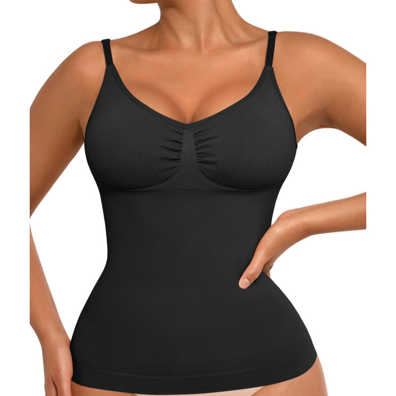 Amazon Women's Shapewear Belly Top Sexy Slim Fit Seamless High Elastic Sling Vest Pleated V-Neck Top