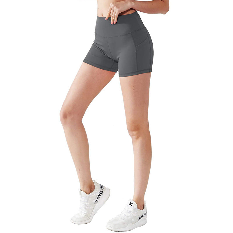 Cross-border Pocket Hip Lift Yoga Pants Women's European and American High Waist Sexy Solid Color Leggings Running Fitness Pants Shorts