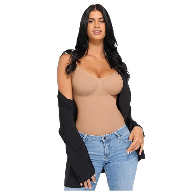 Amazon Women's Shapewear Belly Top Sexy Slim Fit Seamless High Elastic Sling Vest Pleated V-Neck Top