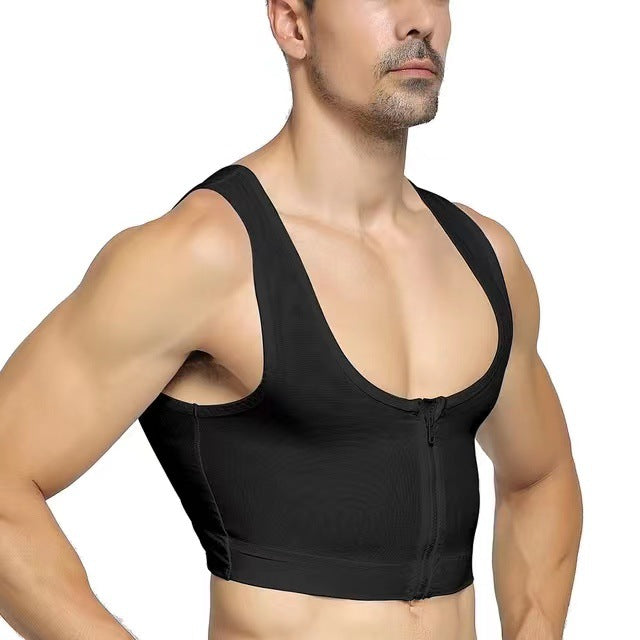 Men's plastic chest beauty top, breasted zipper, plastic chest bundle, chest lift, back bandage, mesh vest, body sculpting underwear