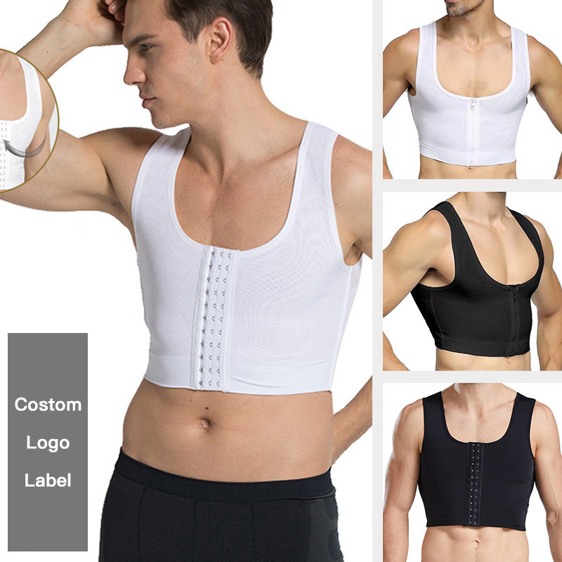 Men's plastic chest beauty top, breasted zipper, plastic chest bundle, chest lift, back bandage, mesh vest, body sculpting underwear