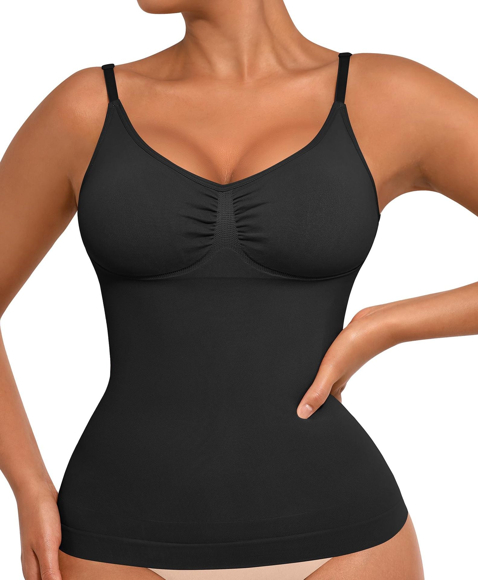 Amazon Women's Shapewear Belly Top Sexy Slim Fit Seamless High Elastic Sling Vest Pleated V-Neck Top