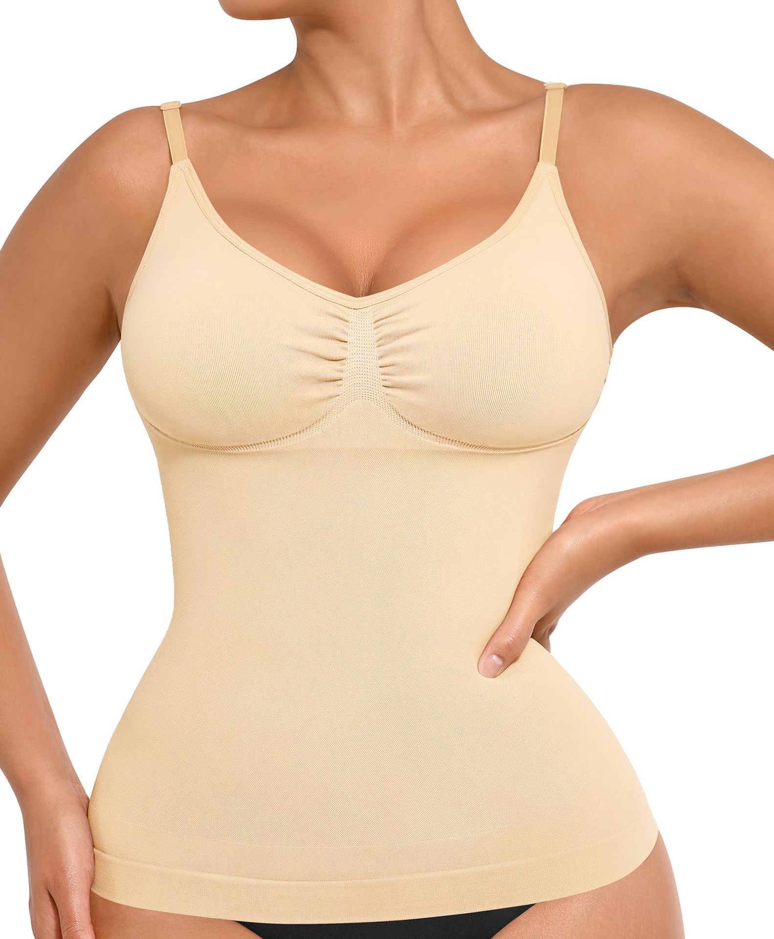 Amazon Women's Shapewear Belly Top Sexy Slim Fit Seamless High Elastic Sling Vest Pleated V-Neck Top