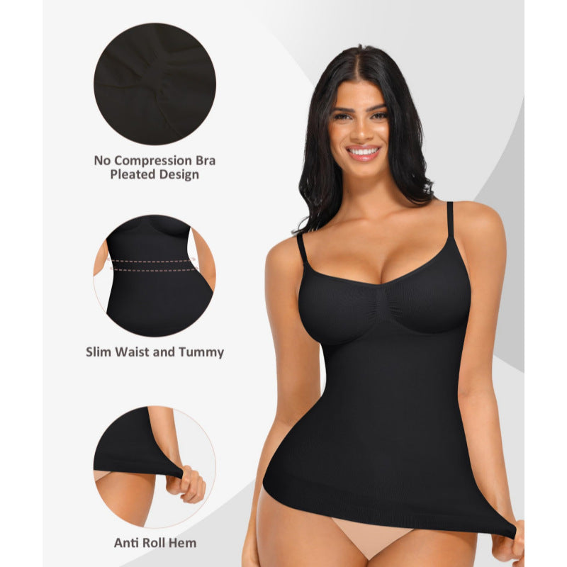 Amazon Women's Shapewear Belly Top Sexy Slim Fit Seamless High Elastic Sling Vest Pleated V-Neck Top