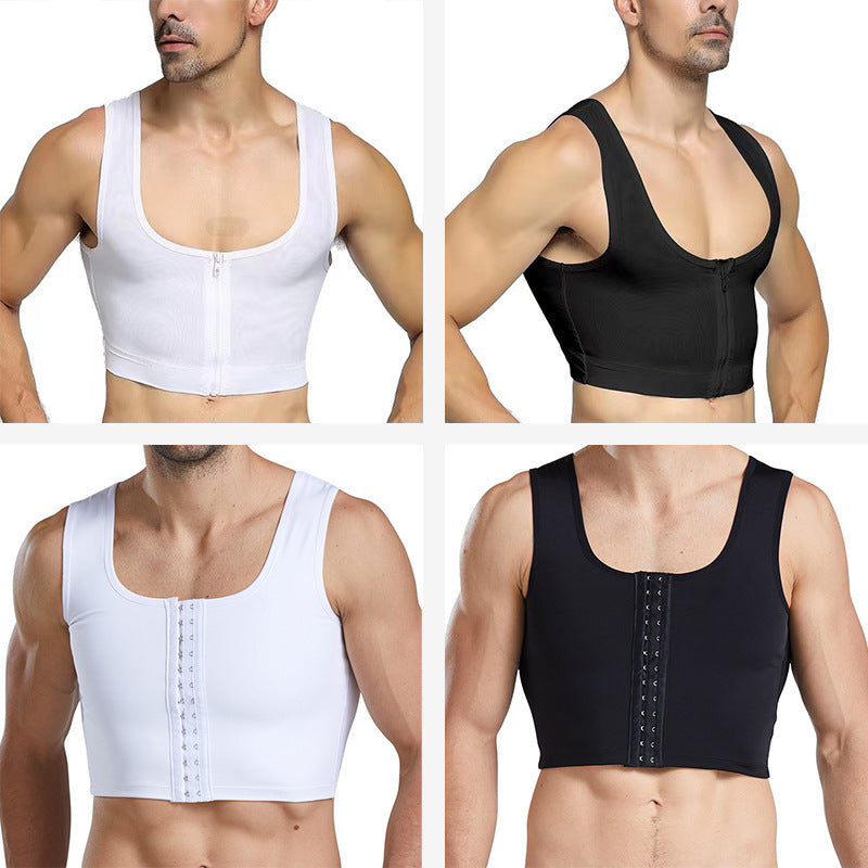 Men's plastic chest beauty top, breasted zipper, plastic chest bundle, chest lift, back bandage, mesh vest, body sculpting underwear