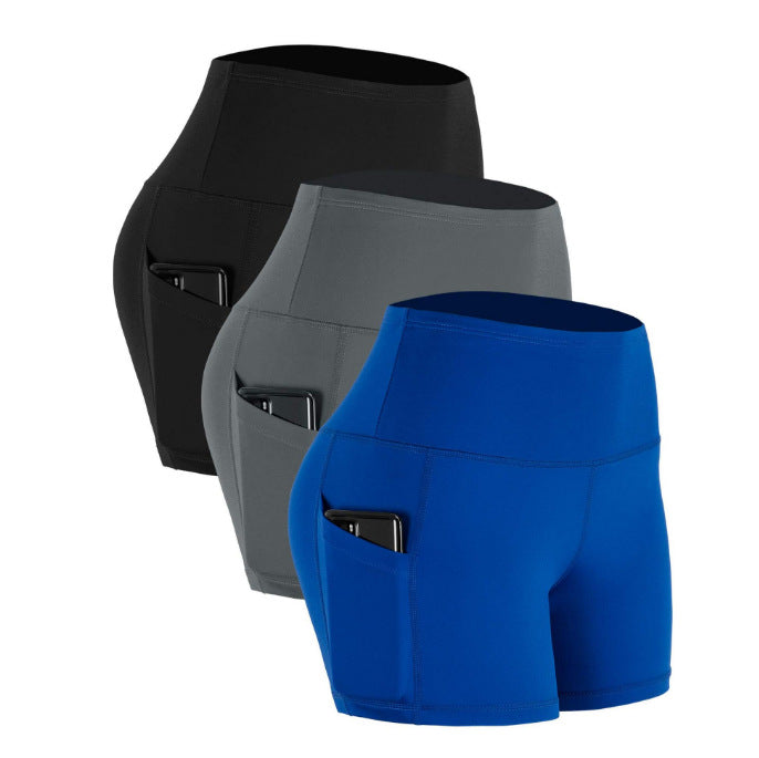 Cross-border Pocket Hip Lift Yoga Pants Women's European and American High Waist Sexy Solid Color Leggings Running Fitness Pants Shorts